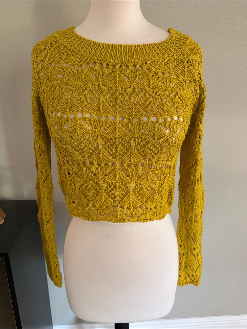 Source Unknown Mustard Yellow Openwork Cropped Crewneck Sweater